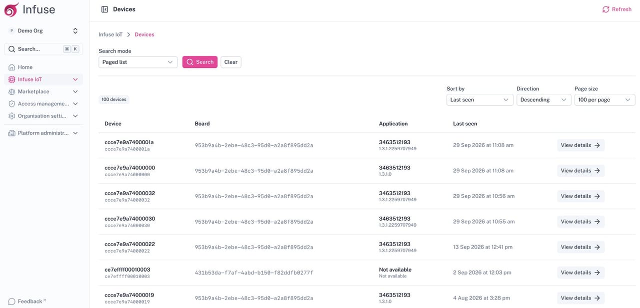 Infuse-IoT devices list in the Infuse portal