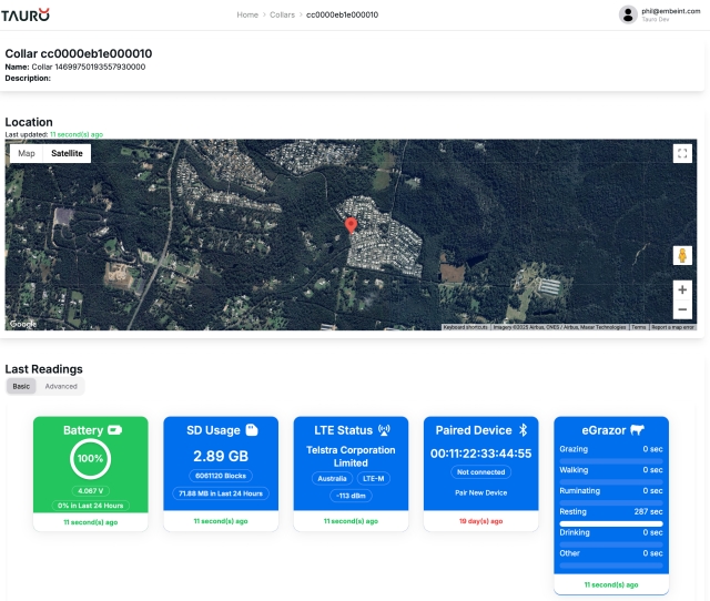 A screenshot of the Tauro collar app showing data collected from a Tauro collar.