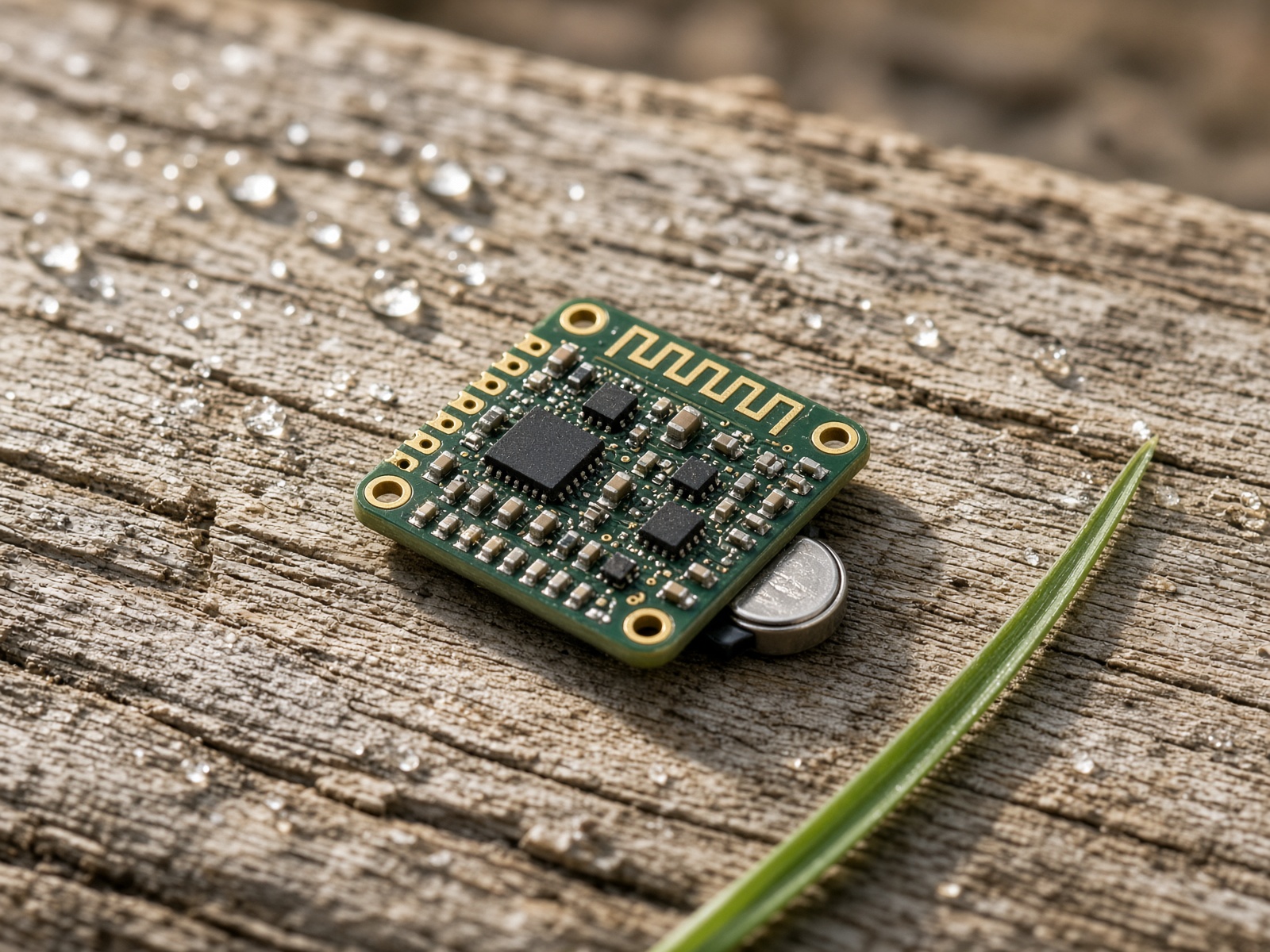 Ultra-low-power development board on weathered timber